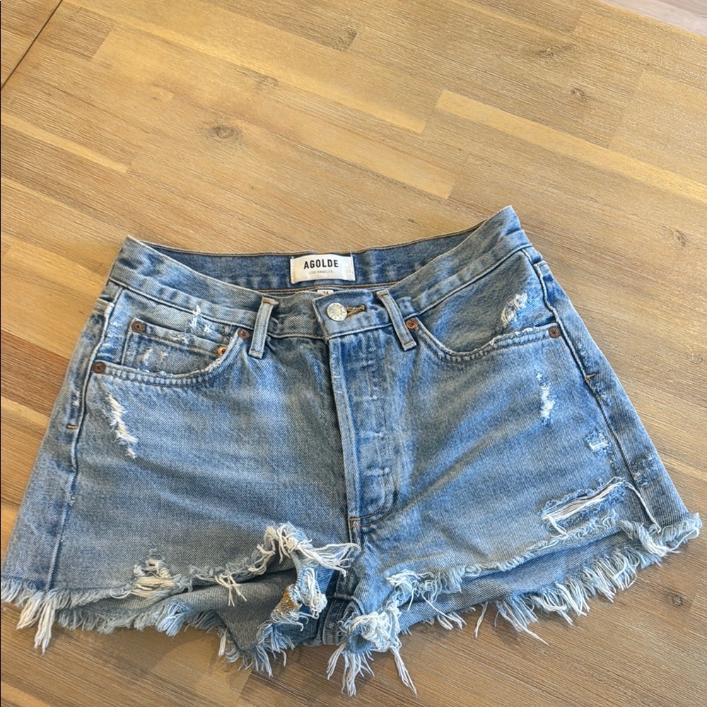 Agolde Light Blue Frayed Denim Shorts